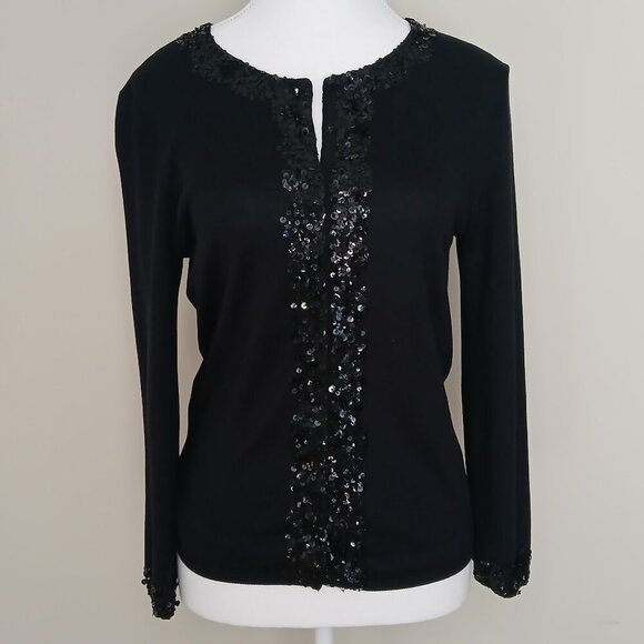Club Monaco Sequin Silk & Cotton Long Sleeve Cardigan Black Size Medium - Picture 1 of 8